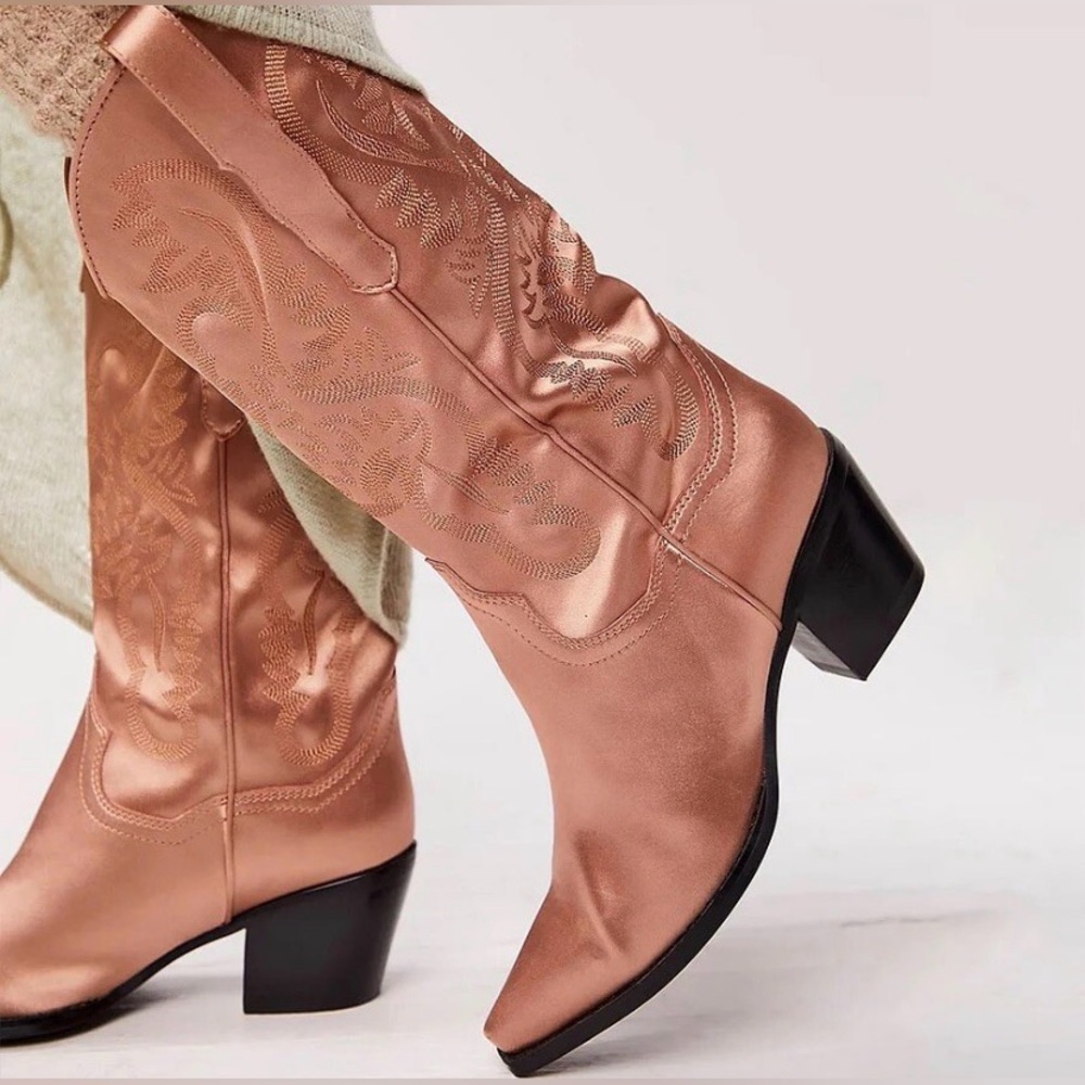 Free People x Dagget Western Boots Dusty Rose Satin Size 10